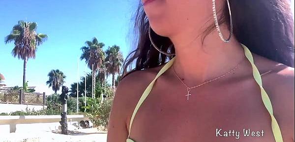  Crazy girl 18 y.o. pee on a public beach right in her panties. Wet her panties and went to sunbathe